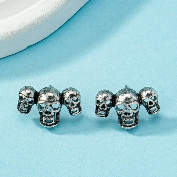 Any 2/$20! Antiqued Silver Triple Skull Stud Earrings - Picture 1 of 6